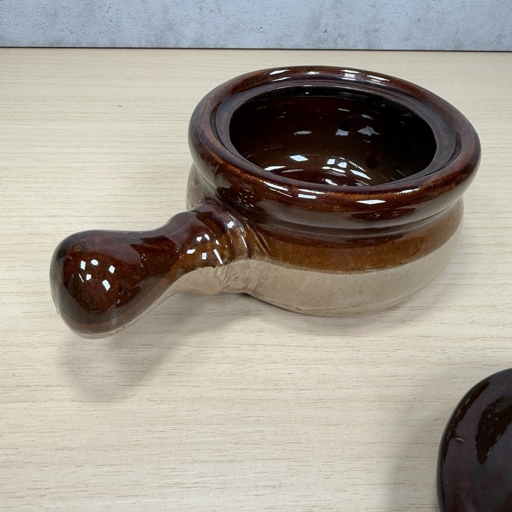 Vintage French Onion Soup Crock Handled Bowls with Lid Brown Glazed (1) - Picture 11 of 13